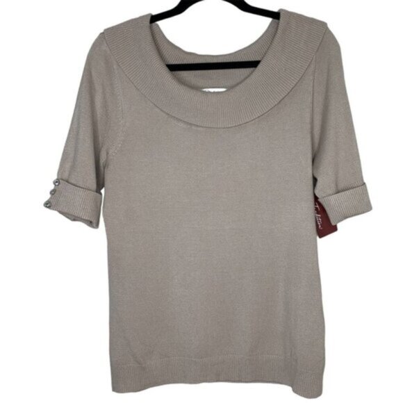Tradition Women's Cowl Neck Sweater Top 3/4 Length Sleeve Stretch Taupe y2k - Picture 2 of 16